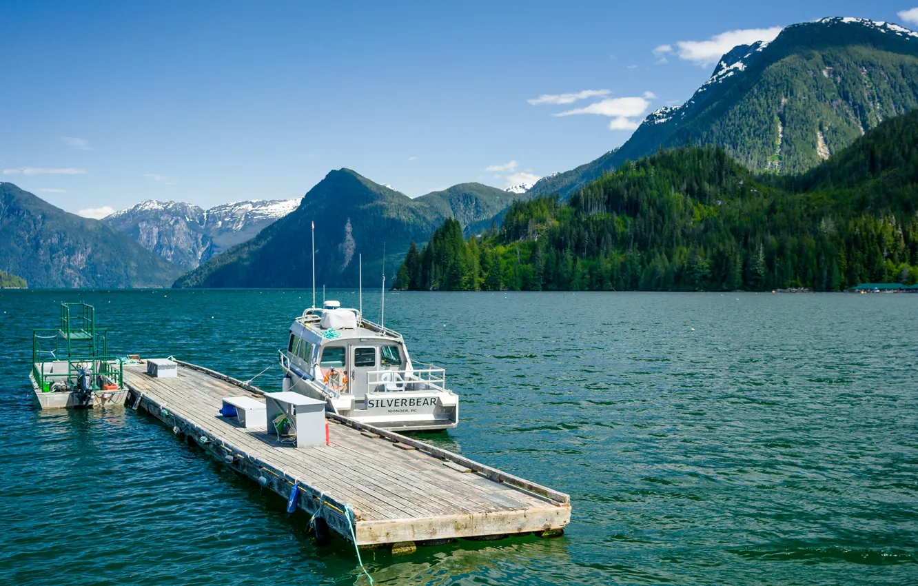 Photo wallpaper forest, mountains, lake, pier, Canada, boat, Canada, British