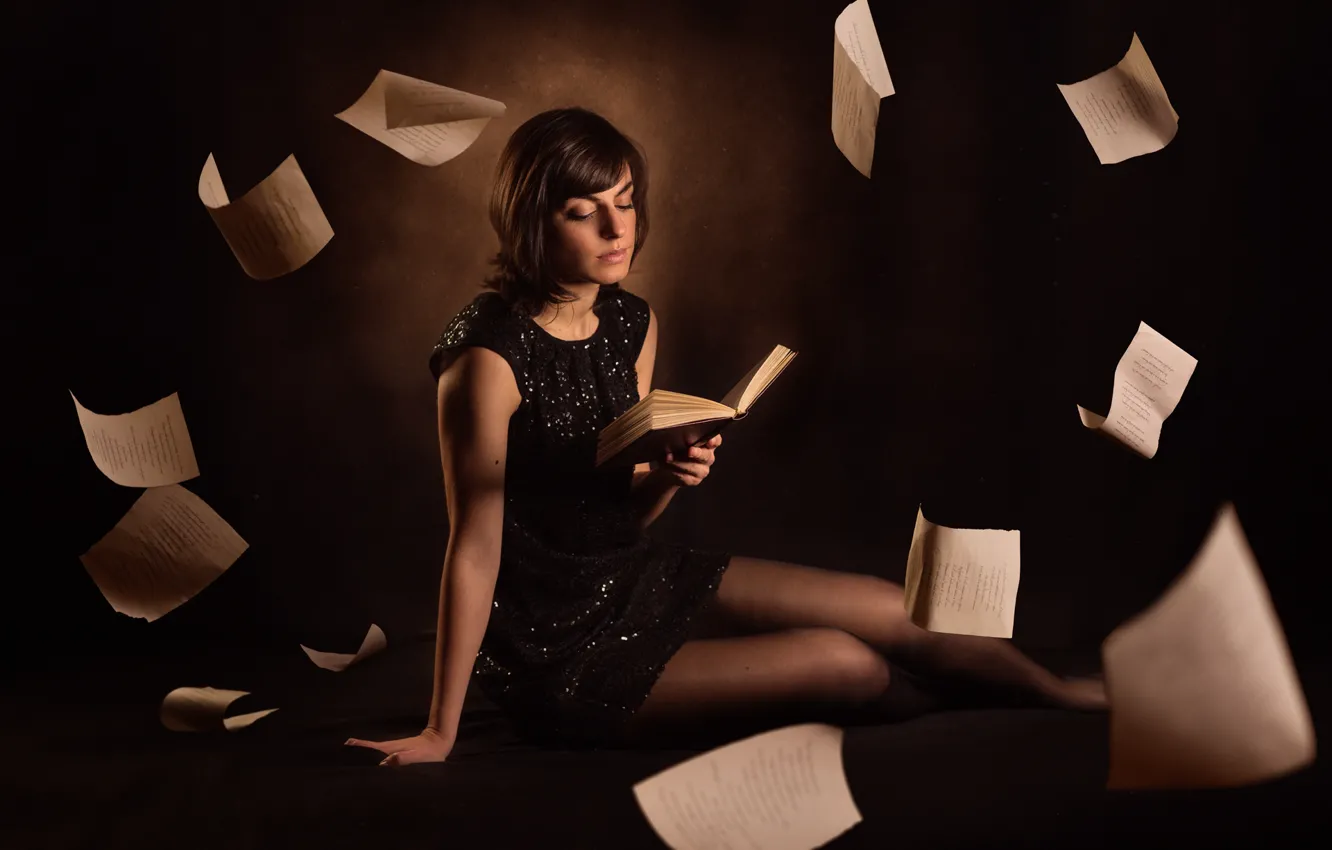 Photo wallpaper girl, book, page