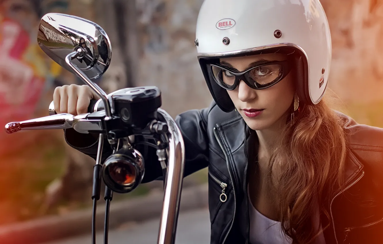 Photo wallpaper look, girl, face, hair, glasses, motorcycle, helmet, leather jacket