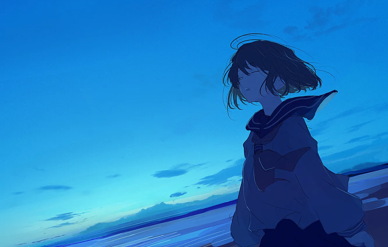 Photo wallpaper sea, the sky, girl, twilight, school uniform
