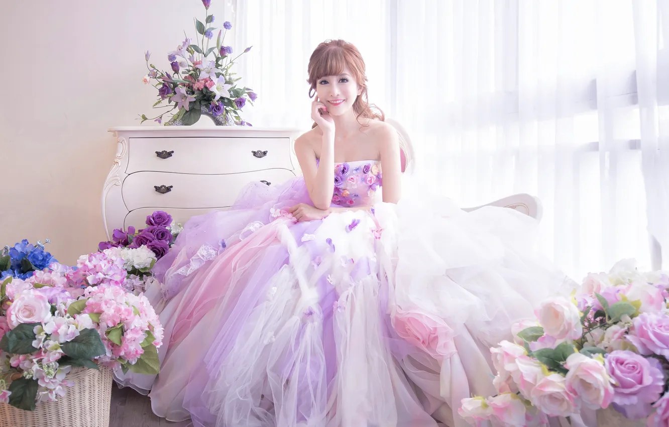 Photo wallpaper girl, flowers, dress, outfit, Studio