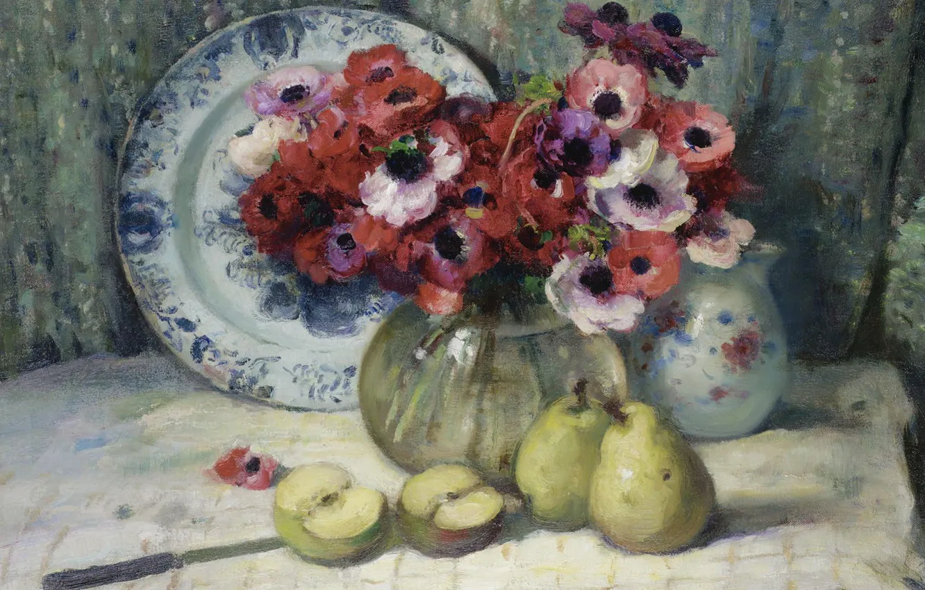 Photo wallpaper picture, still life, Fernand Toussaint, Anemones and Apples