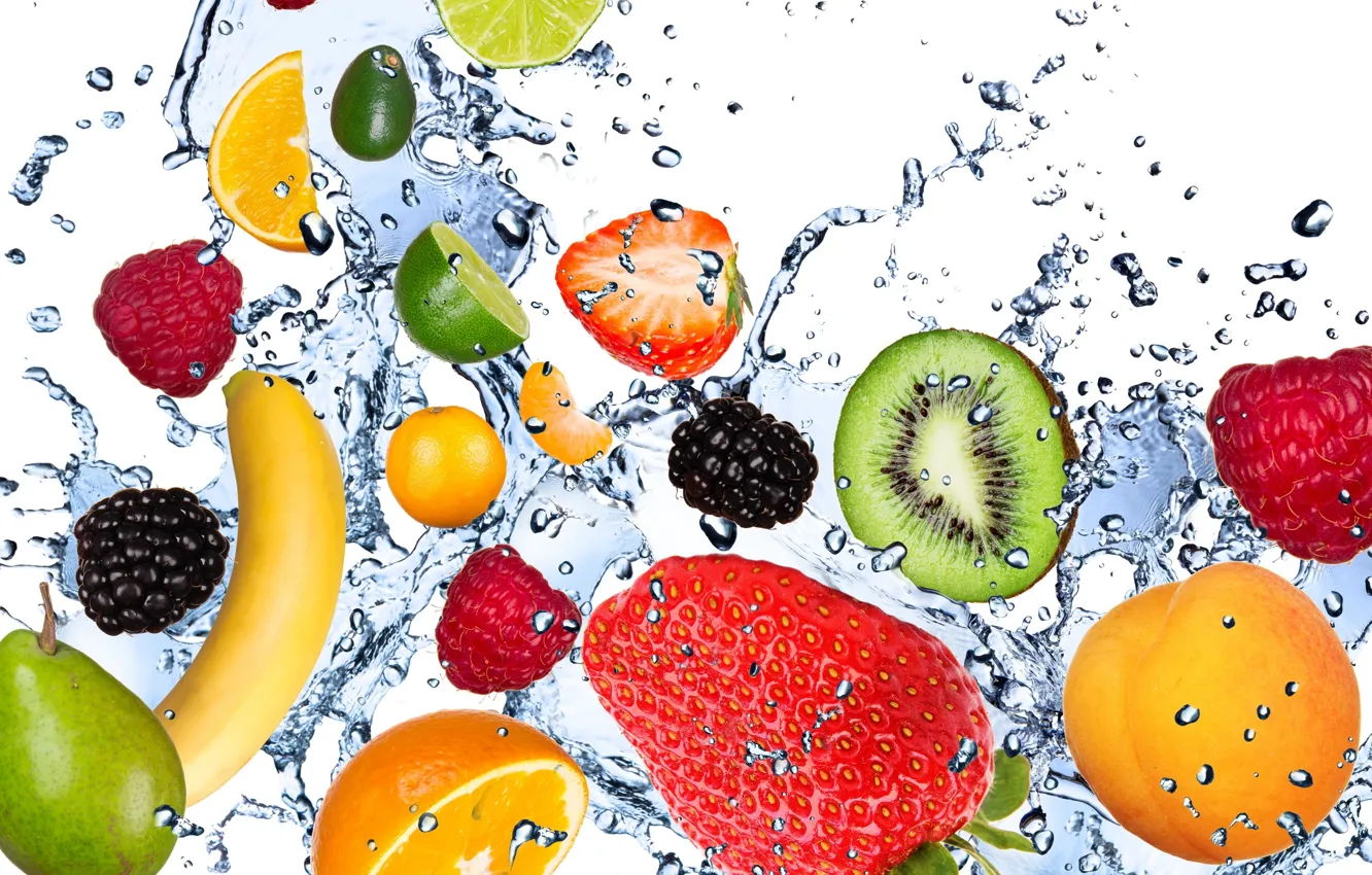 Photo wallpaper water, drops, squirt, freshness, raspberry, lemon, kiwi, strawberry