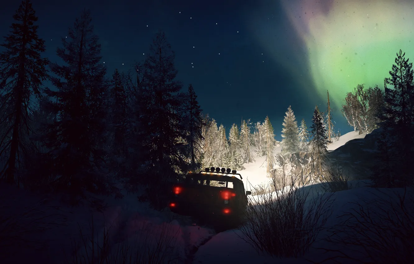 Photo wallpaper HDR, Sky, Stars, Wood, Winter, Snow, Truck, Game
