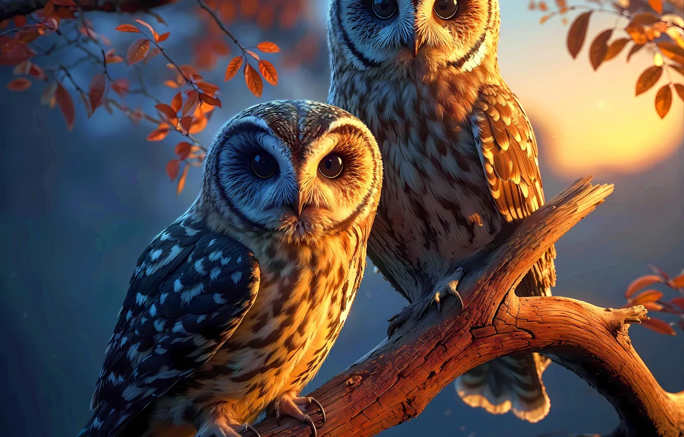 Photo wallpaper look, leaves, light, trees, sunset, night, branches, owl