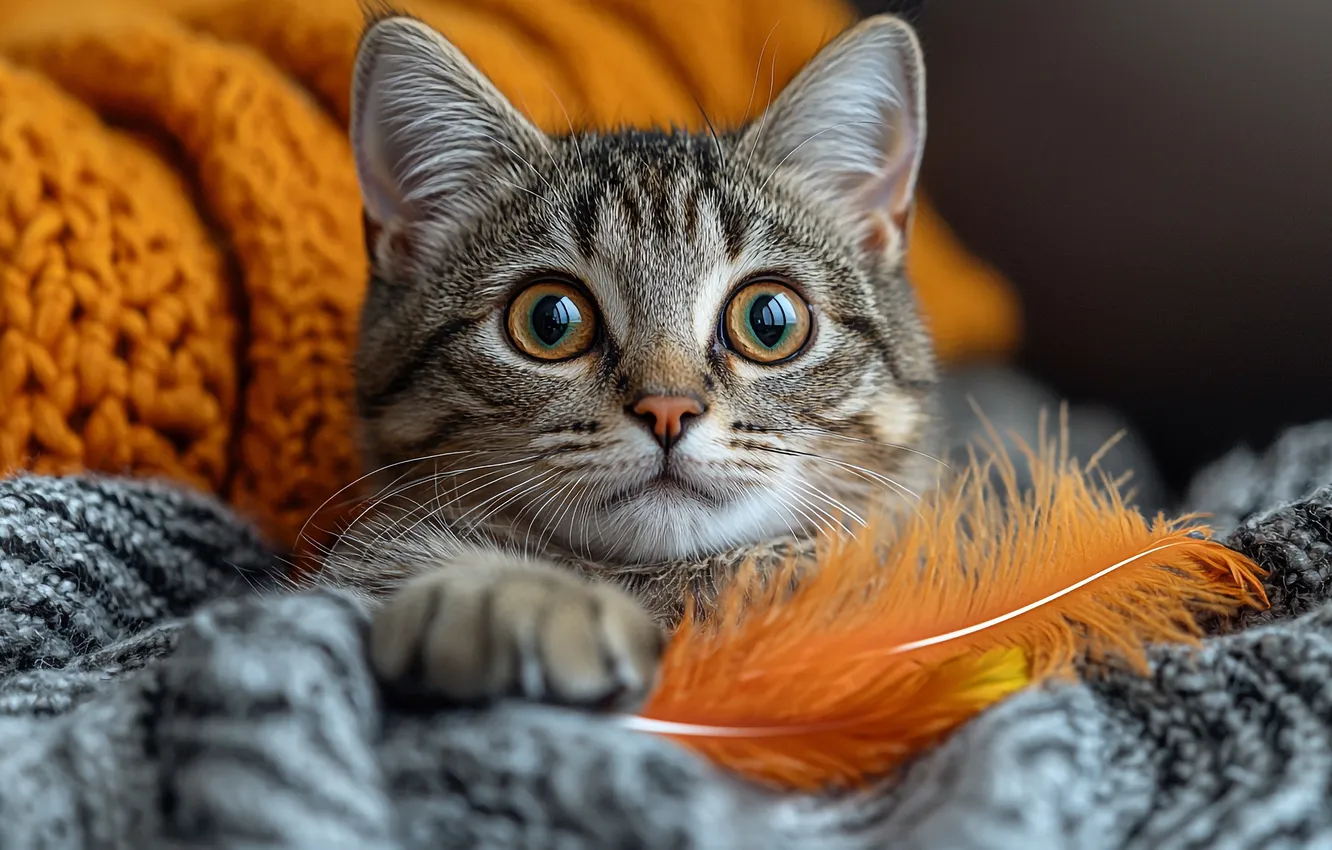 Photo wallpaper cat, cat, look, grey, legs, surprise, feathers, plaid