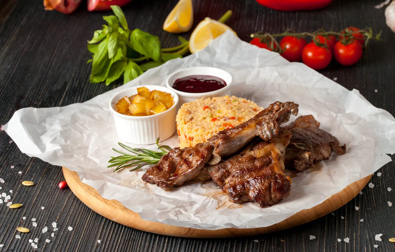 Photo wallpaper meat, tomatoes, sauce, edge