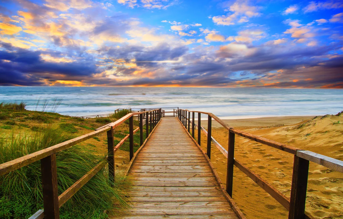 Photo wallpaper sand, sea, beach, the sky, the sun, landscape, sunset, nature