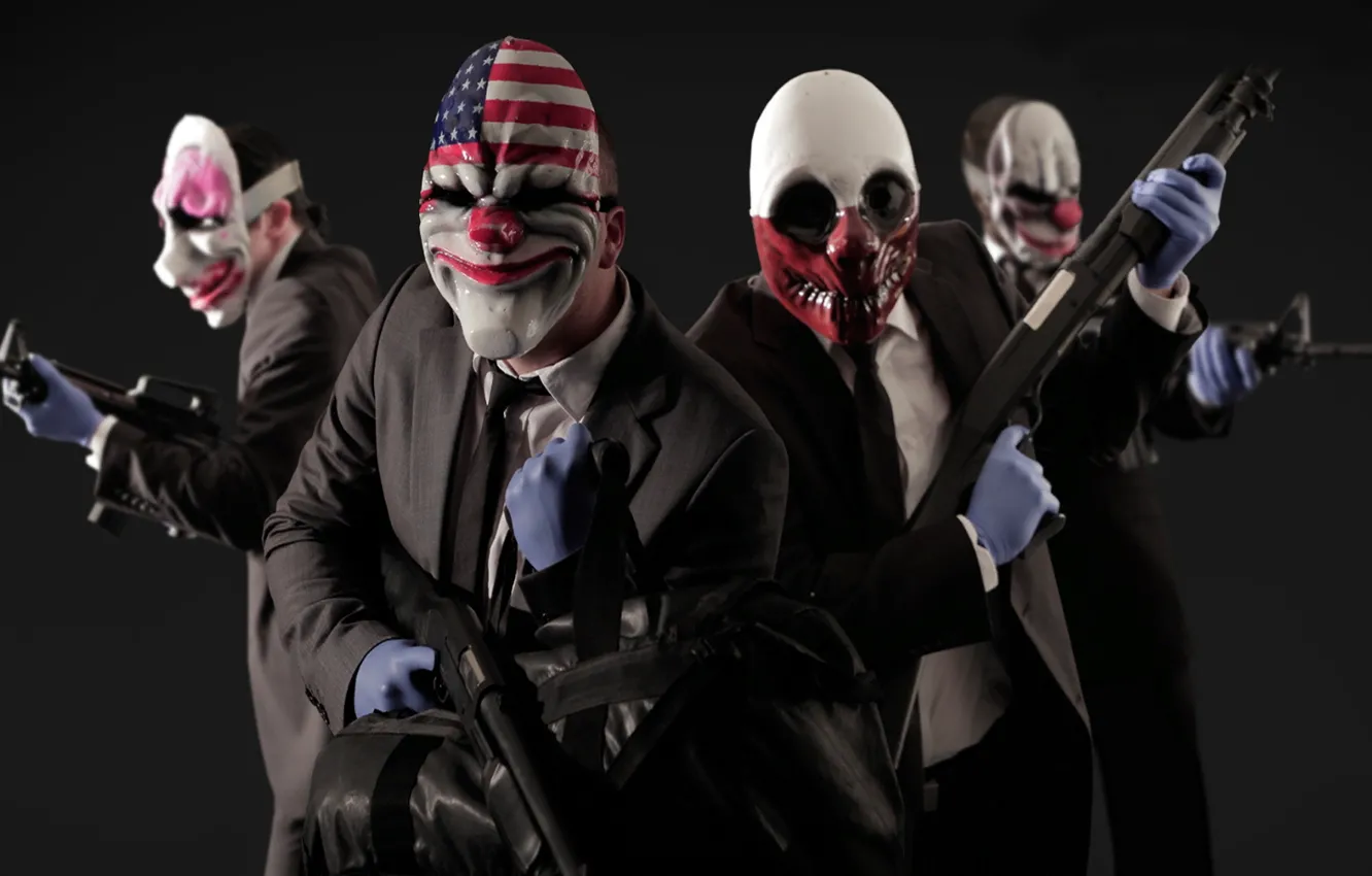 Photo wallpaper game, weapons, mask, games, clowns, the robbers, payday 2