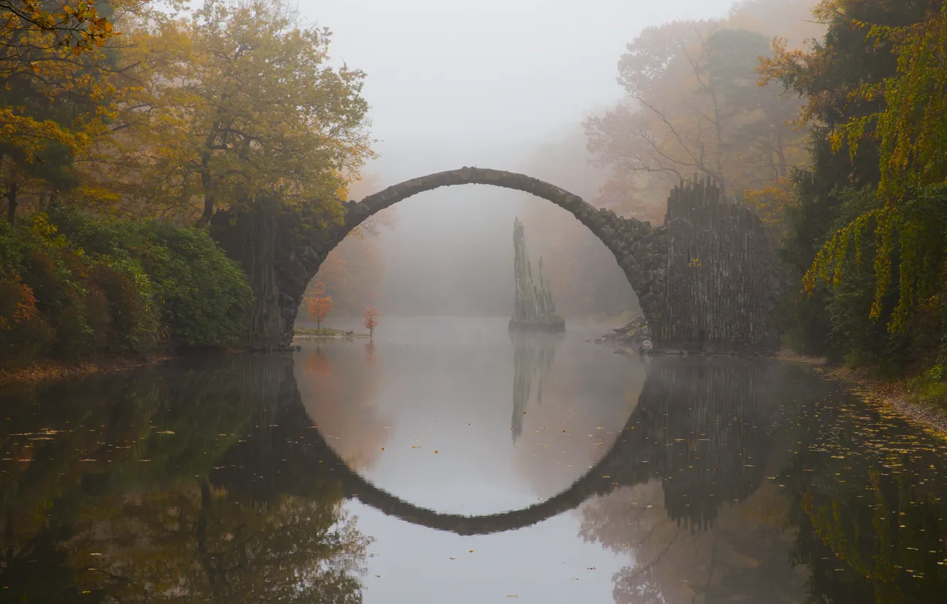 Photo wallpaper autumn, bridge, fog, reflection, bridge, Germany, autumn, Rakotzbrücke