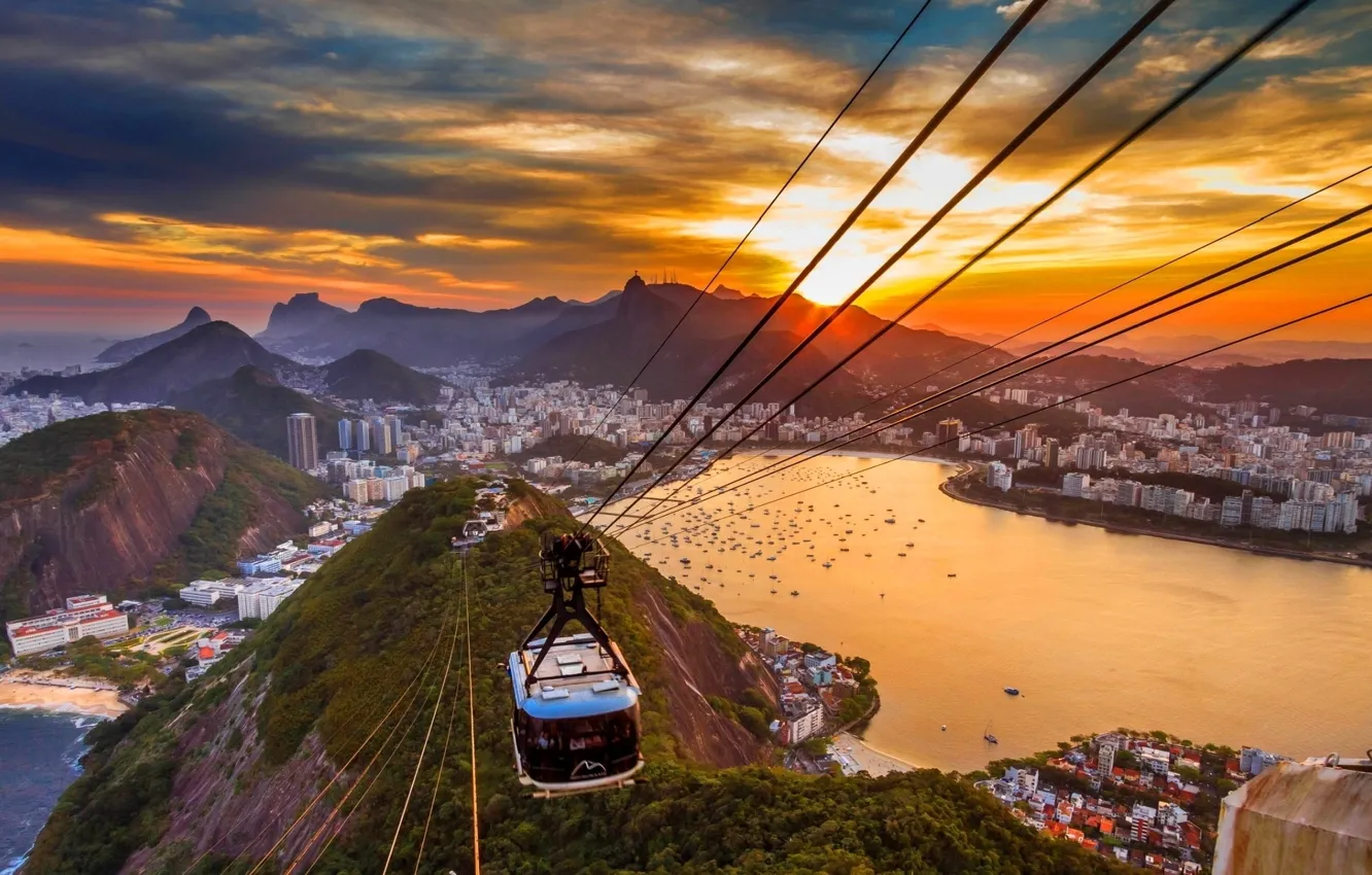 Photo wallpaper sunset, mountains, the city, the ocean, home, Bay, yachts, Rio de Janeiro