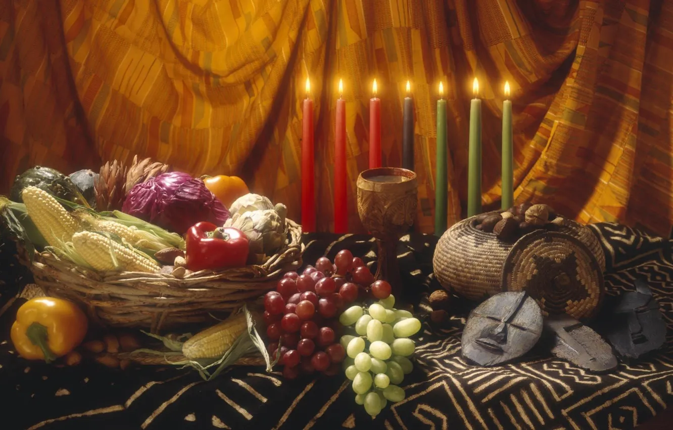 Photo wallpaper style, candles, corn, grapes, nuts, vegetables, The spirit of Mexico