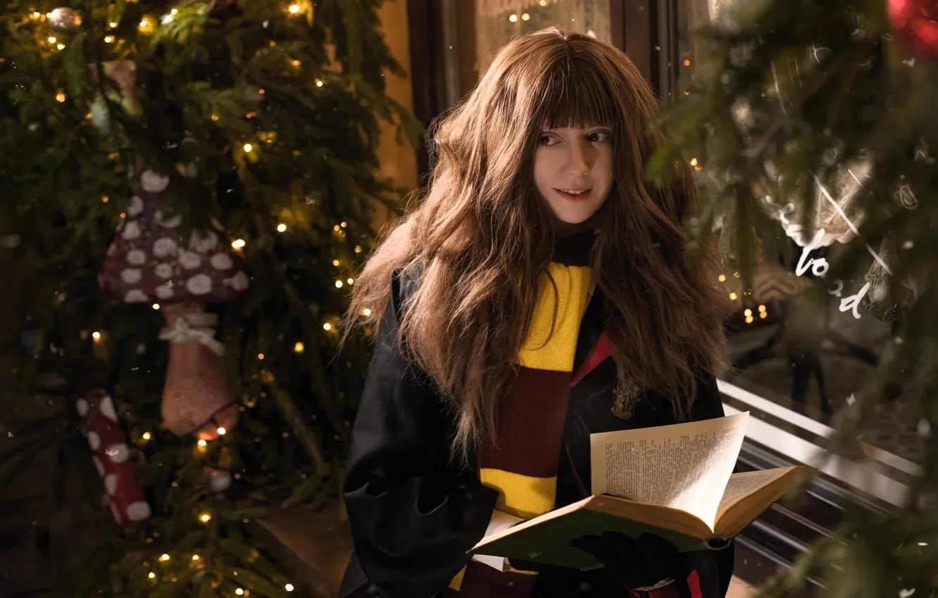 Photo wallpaper decoration, tree, new year, scarf, outfit, book, image, cosplay