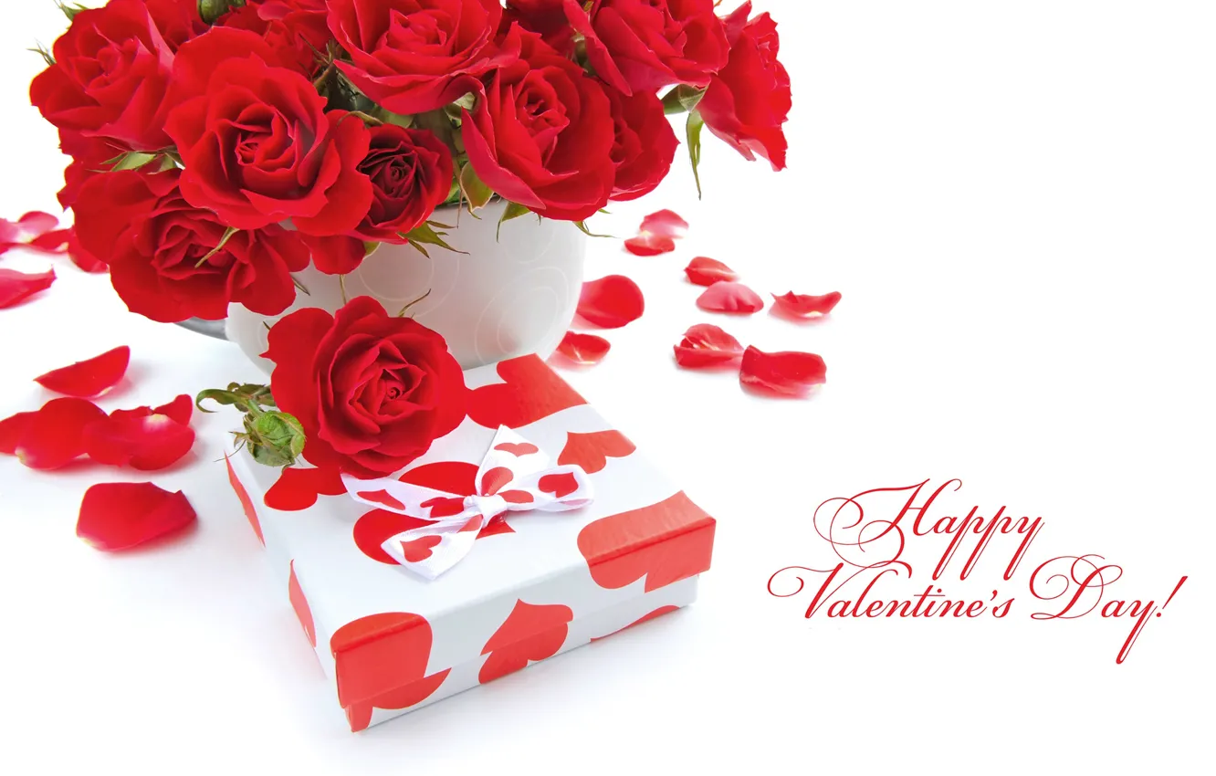 Photo wallpaper flowers, holiday, gift, romance, roses, red, bow, Valentine's Day
