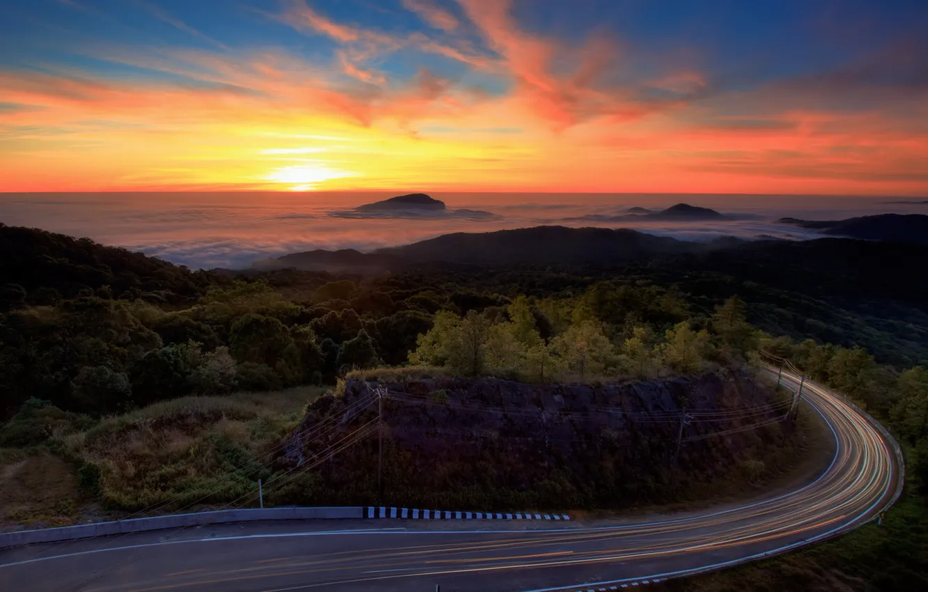 Photo wallpaper road, landscape, sunset