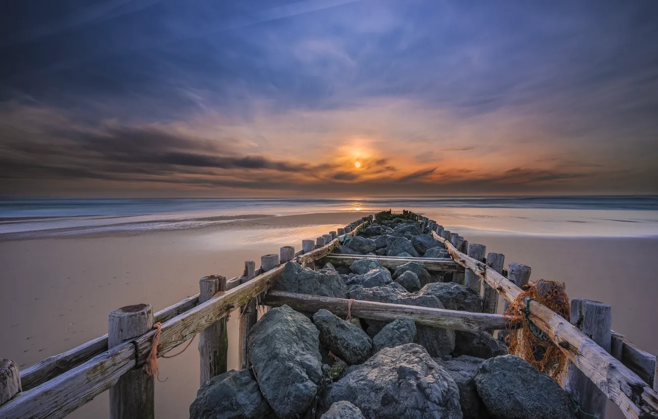 Photo wallpaper sea, sunset, bridge, shore