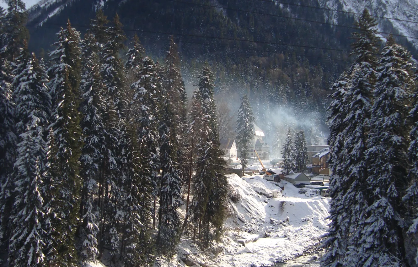 Photo wallpaper winter, snow, mountains, river, Dombay.