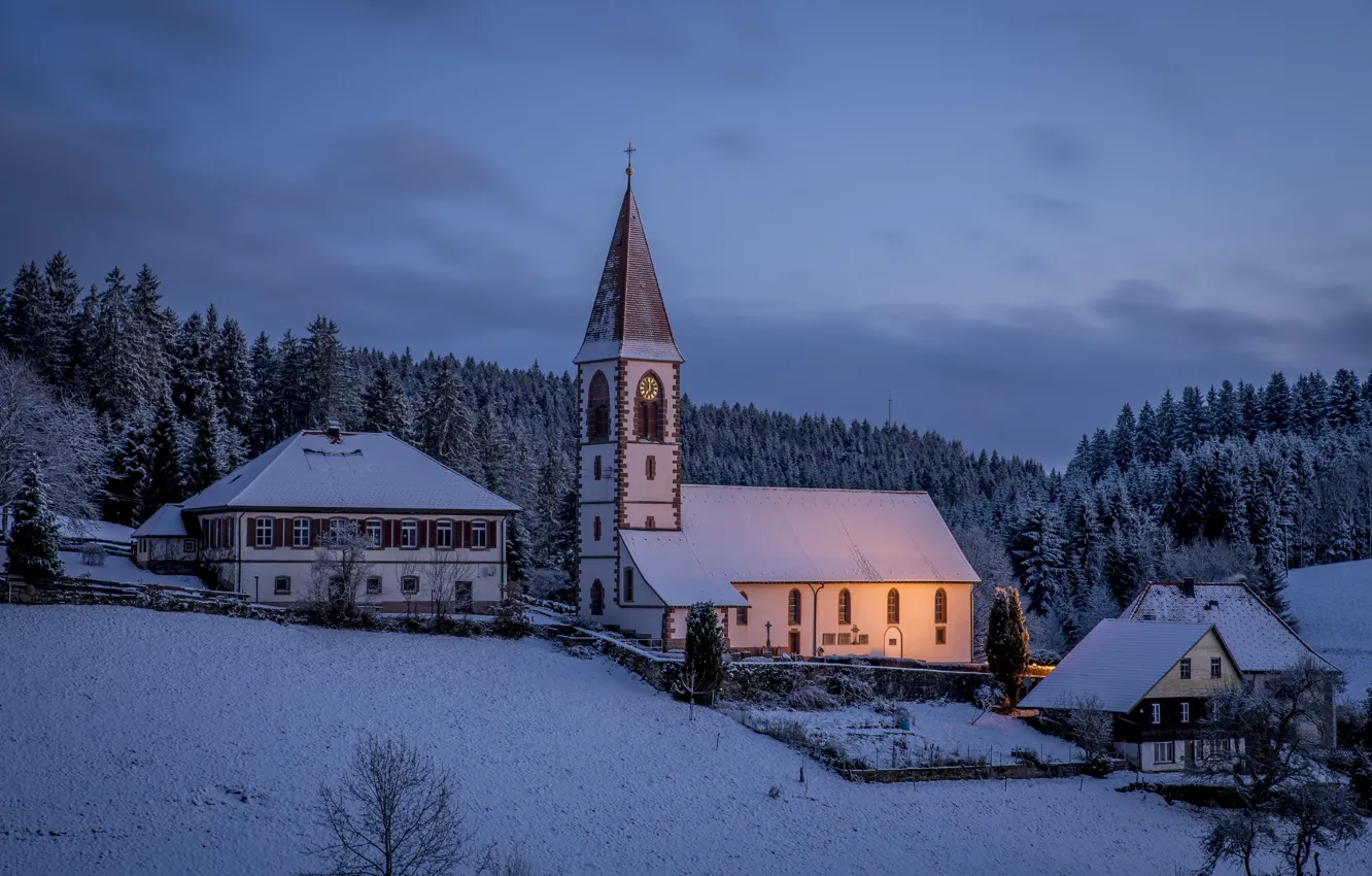 Photo wallpaper winter, forest, landscape, nature, home, Church, the milky way, twilight