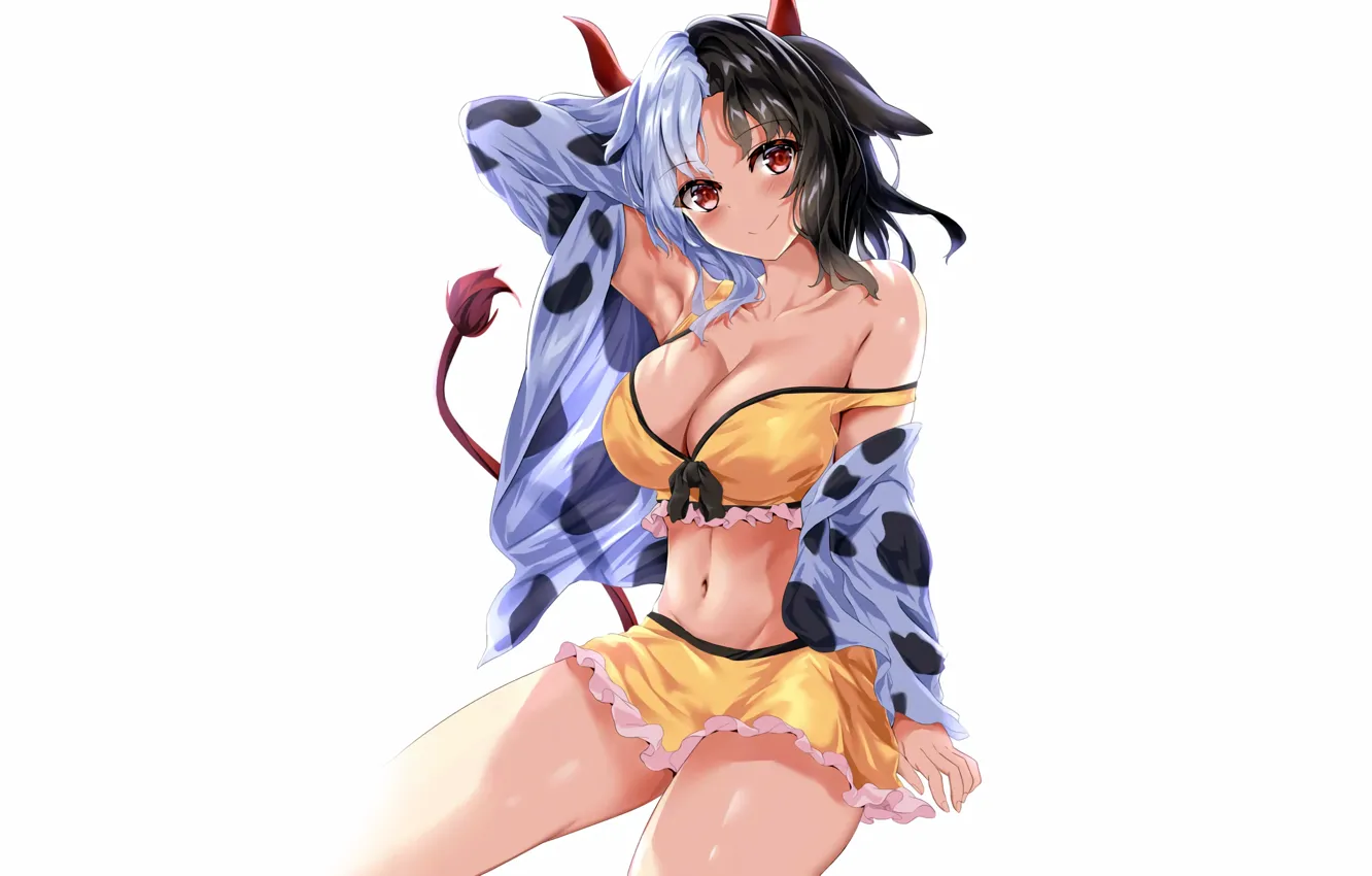 Photo wallpaper girl, sexy, cleavage, blouse, boobs, anime, beautiful, red eyes