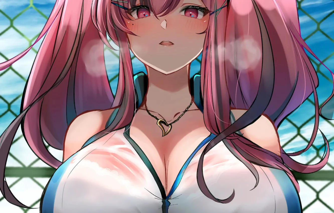 Photo wallpaper girl, sexy, bra, cleavage, pink hair, long hair, boobs, anime