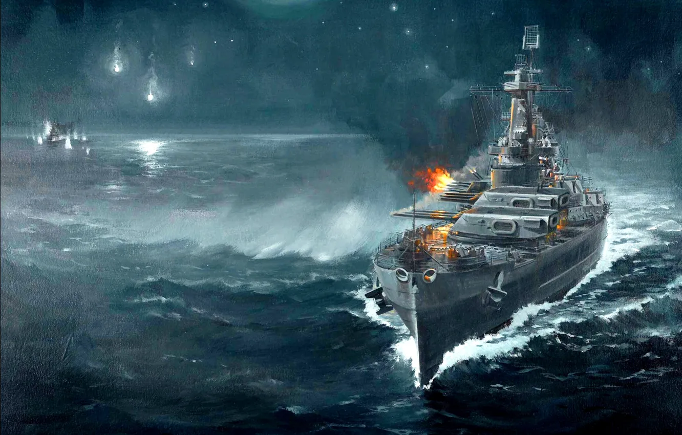 Photo wallpaper night, figure, art, cruiser, Japanese, sea battle, WW2, linear