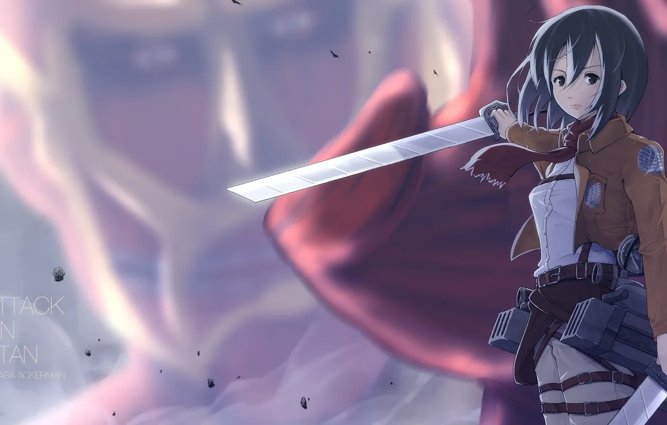 Photo wallpaper look, girl, wall, gesture, art, blade, Titan, Shingeki no Kyojin