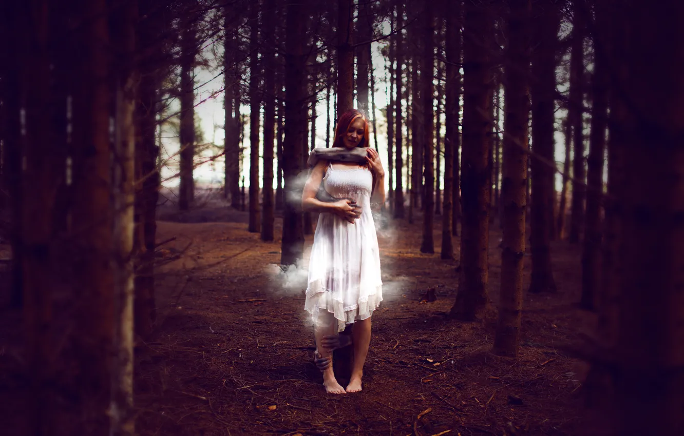 Photo wallpaper forest, girl, smoke, hands, twilight