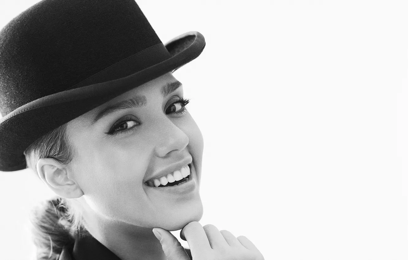 Photo wallpaper girl, face, smile, Jessica Alba, hat, actress, Jessica Alba, black and white