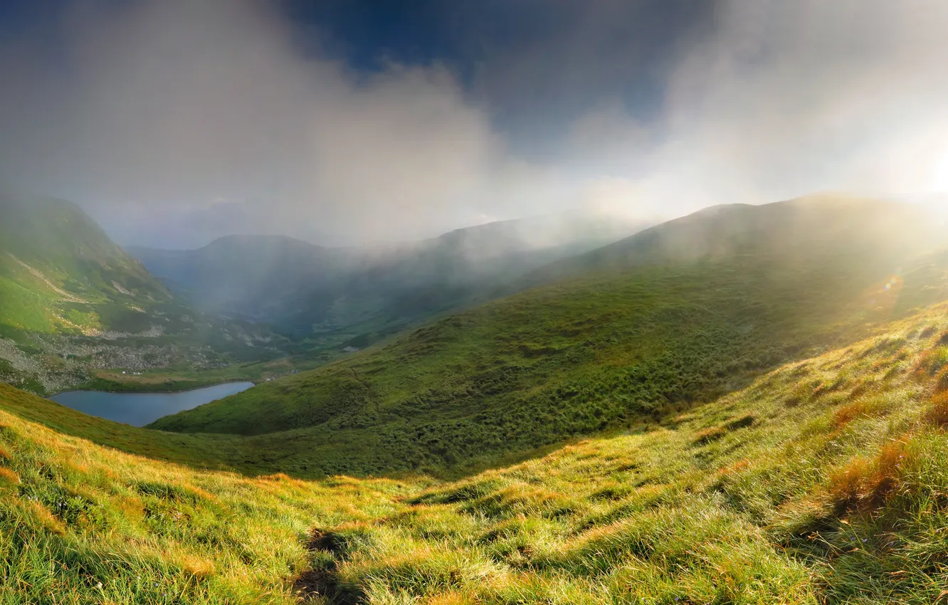 Photo wallpaper field, grass, the sun, landscape, mountains, nature, hills, dual