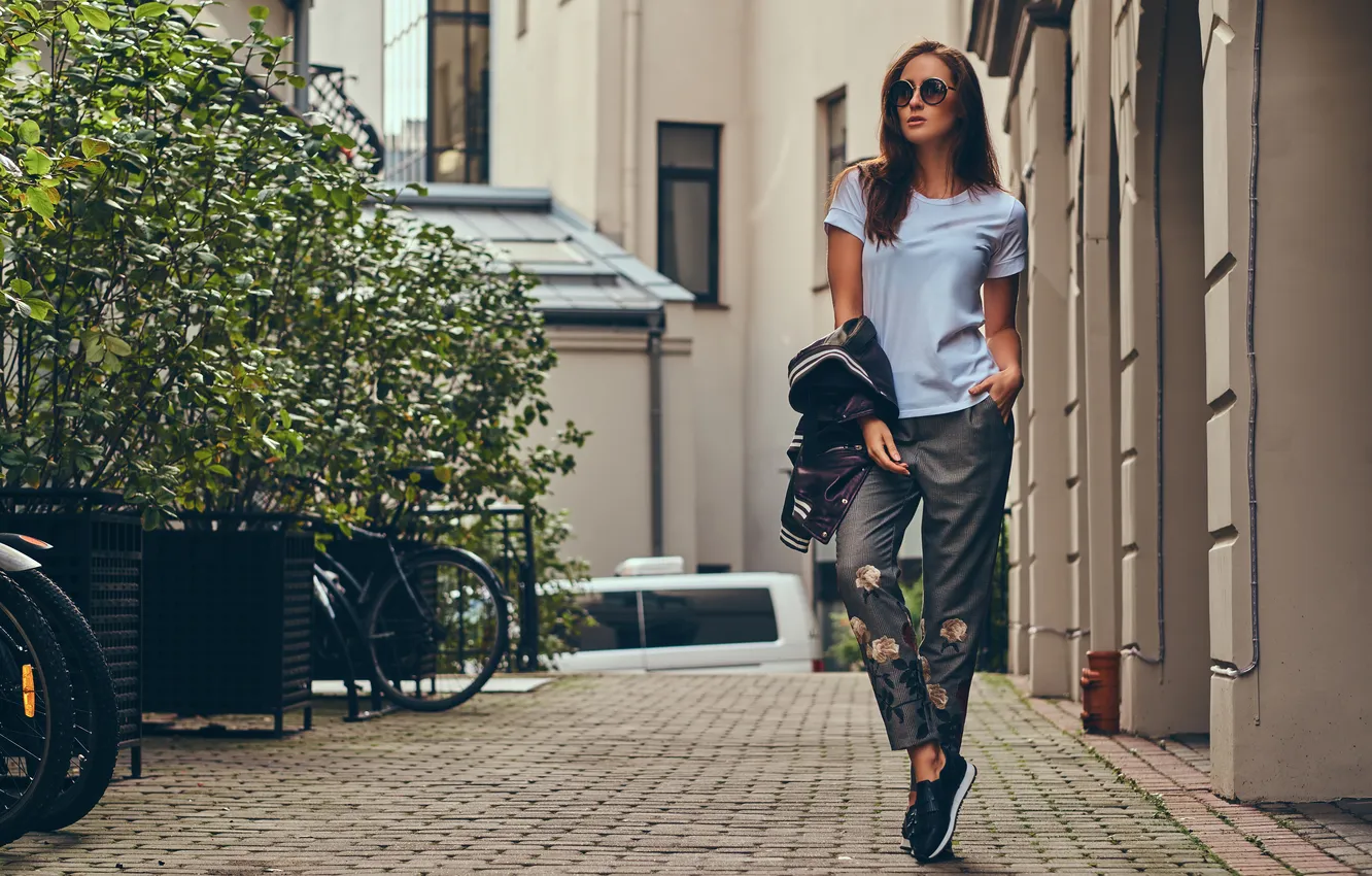 Photo wallpaper beautiful, brunette, clothing, stylish, fashionable