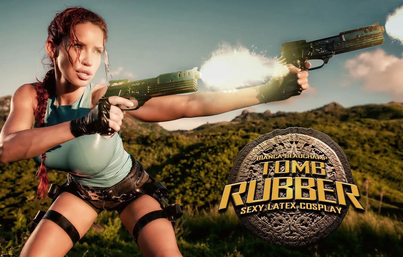 Photo wallpaper chest, gun, shorts, lips, latex, trunk, Tomb Raider, Lara Croft