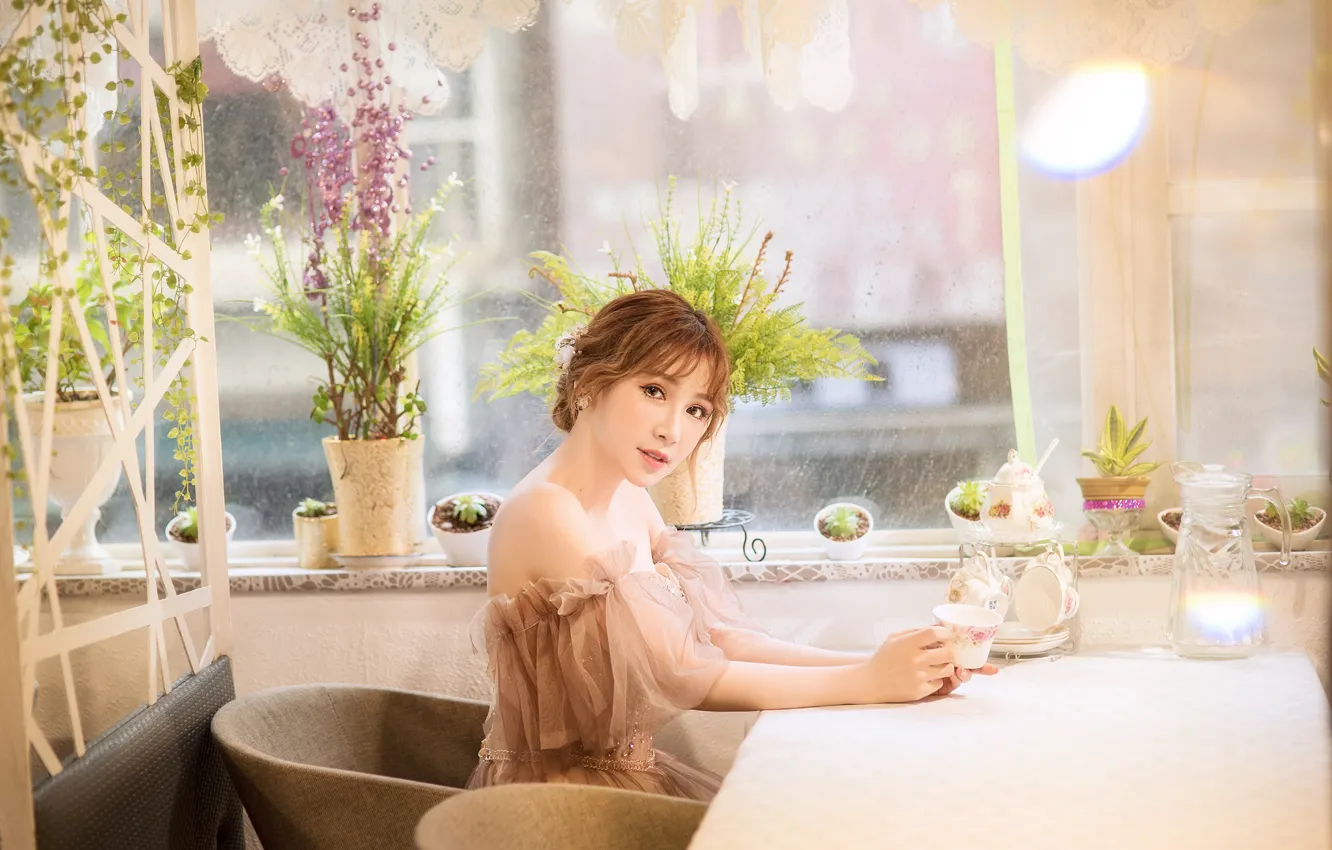 Photo wallpaper look, girl, light, flowers, pose, portrait, chair, dress