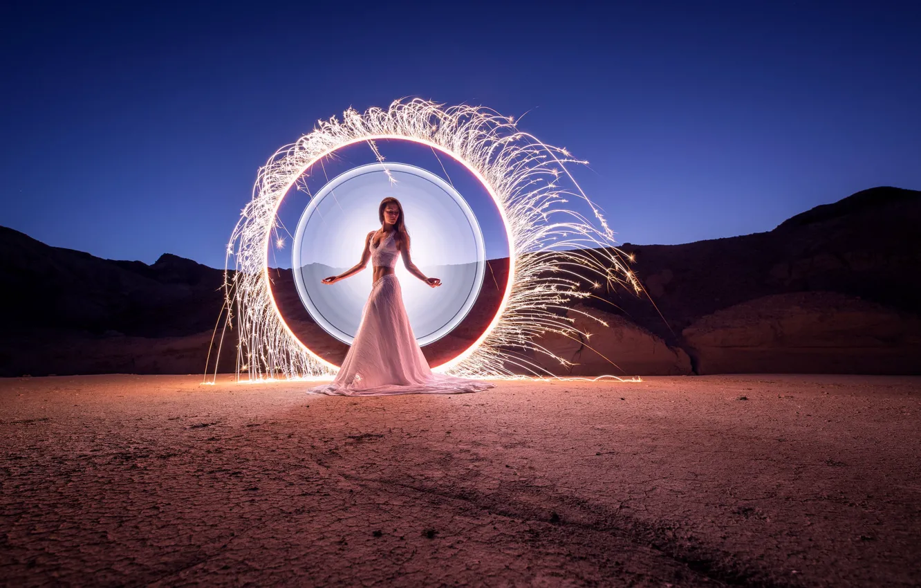 Photo wallpaper the sky, girl, light, landscape, mountains, night, nature, pose