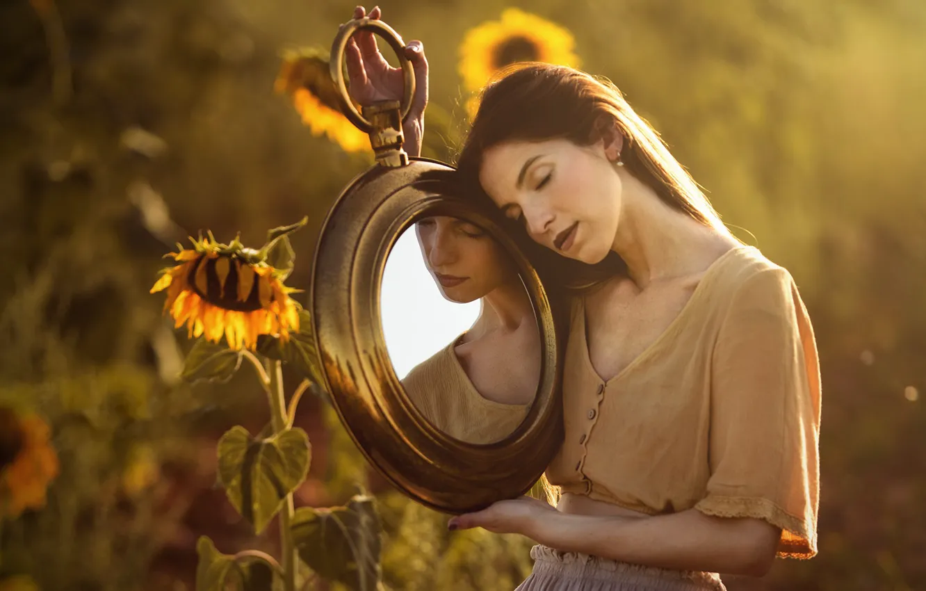 Photo wallpaper summer, girl, sunflowers, mirror
