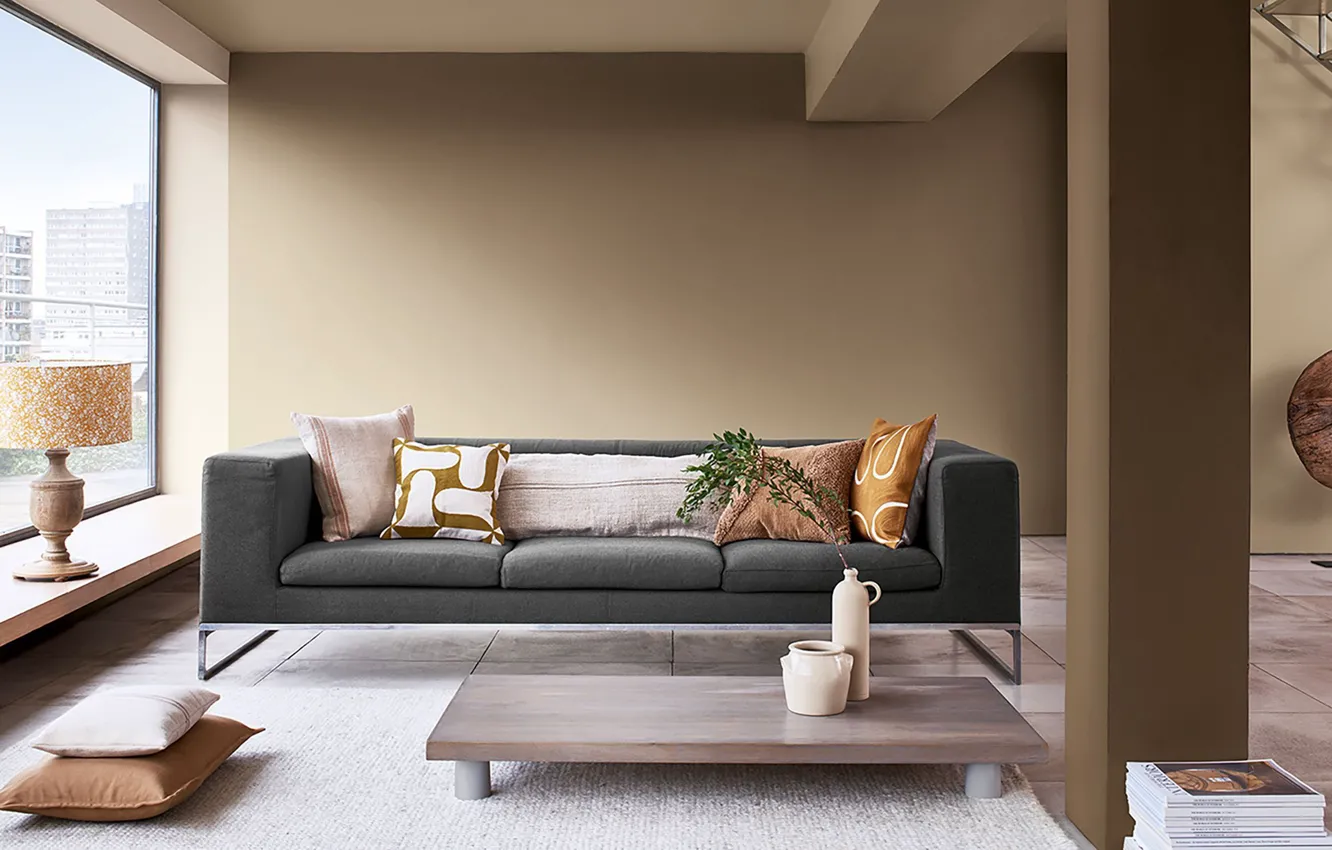 Photo wallpaper design, style, room, lamp, interior, living room, grey sofa, Color trends of the 2023 year
