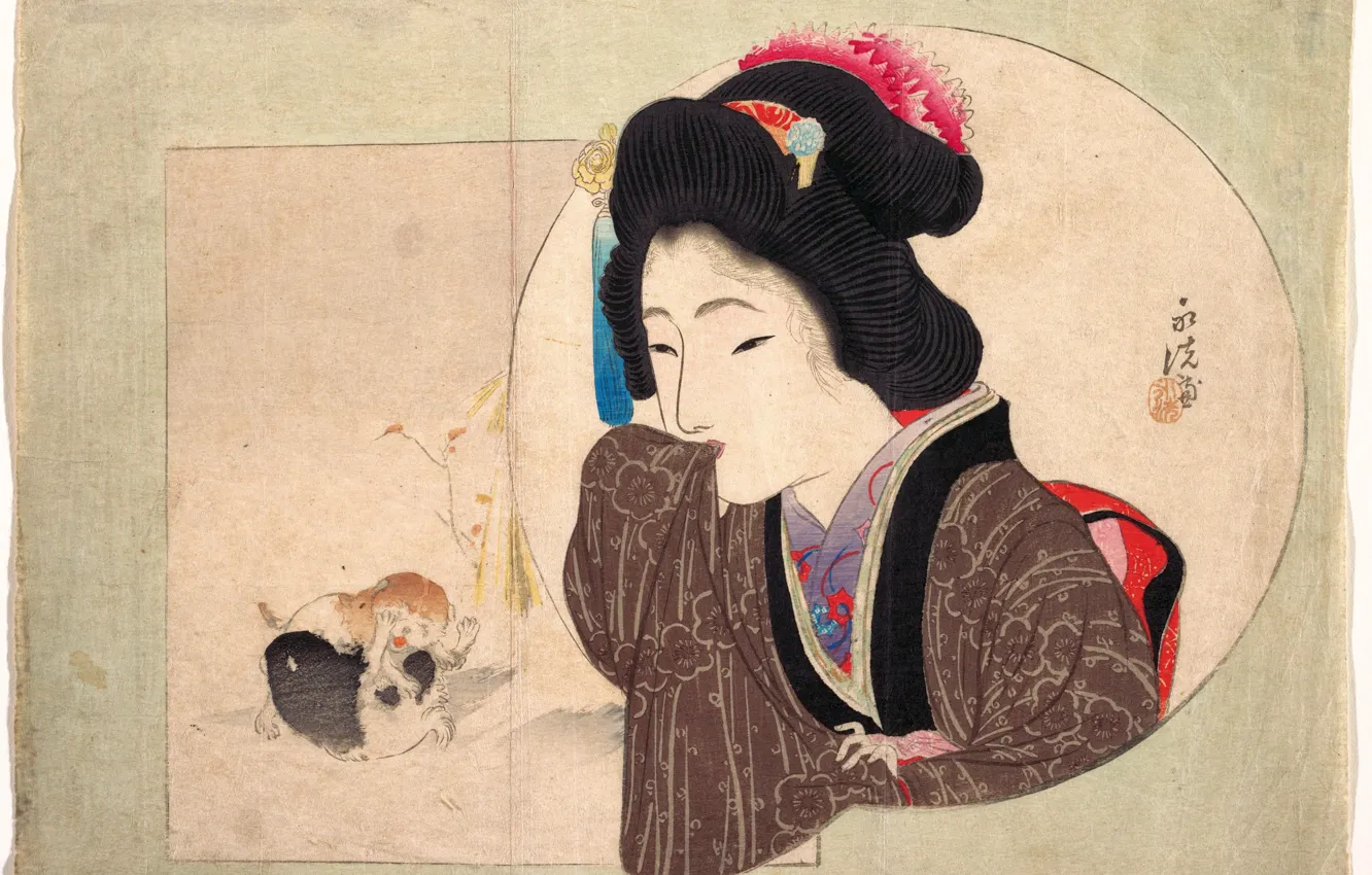 Photo wallpaper girl, Japan, kittens, kimono, Keisai Iron