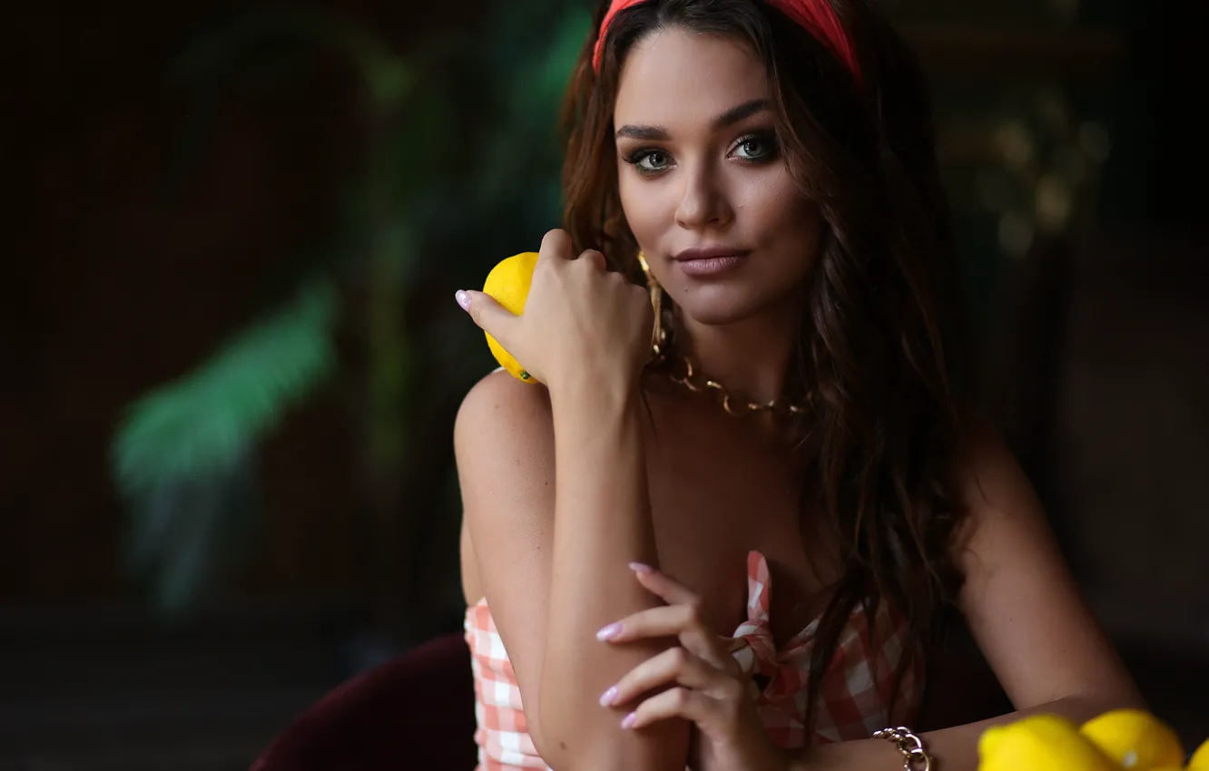 Photo wallpaper look, girl, decoration, lemon, earrings, chain, bracelet, brown hair