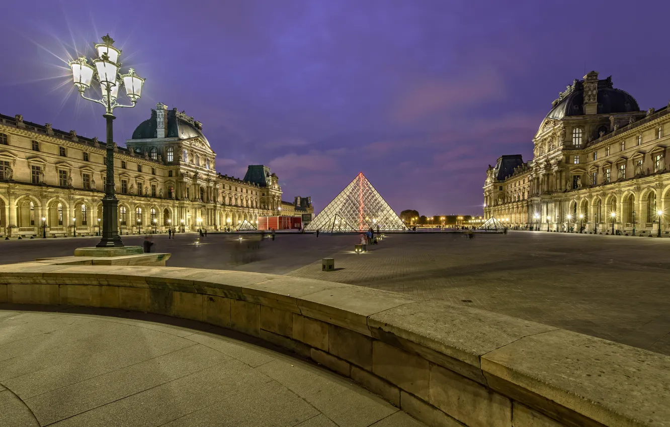 Photo wallpaper night, France, Paris, The Louvre, pyramid, lantern
