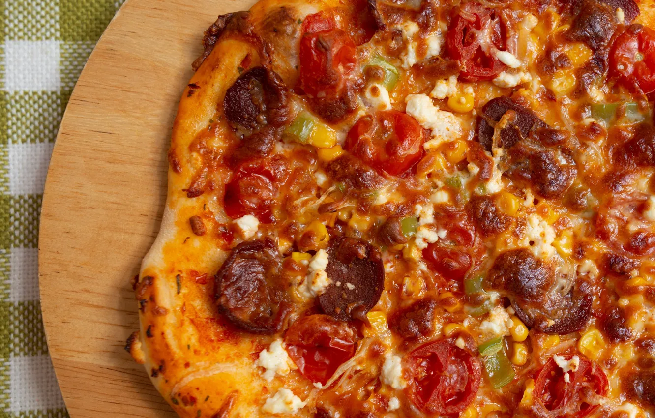 Photo wallpaper corn, cheese, pizza, tomatoes, sausage, delicious, ruddy