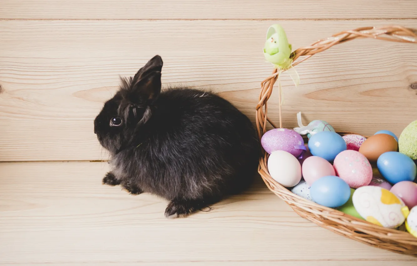 Photo wallpaper Rabbit, Easter, Eggs, Basket, Holiday