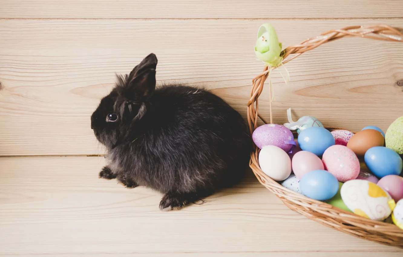 Photo wallpaper holiday, basket, eggs, rabbit, Easter
