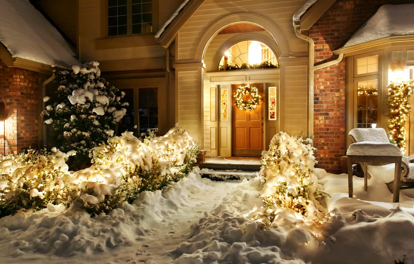 Photo wallpaper winter, snow, decoration, night, nature, lights, lights, holiday