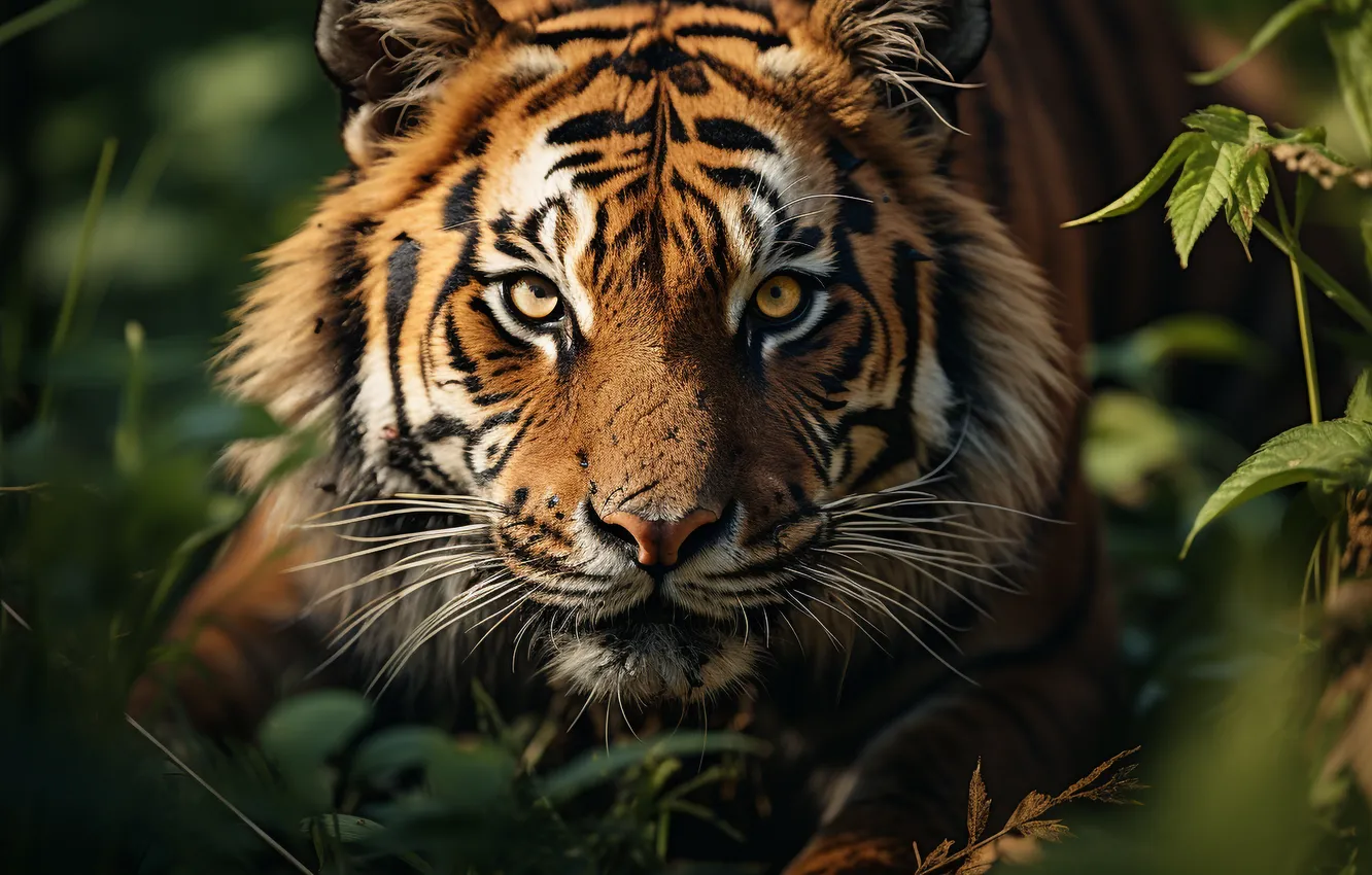 Photo wallpaper grass, face, tiger, predator, Bengal, digital art, AI art, The Art of Artificial Intelligence