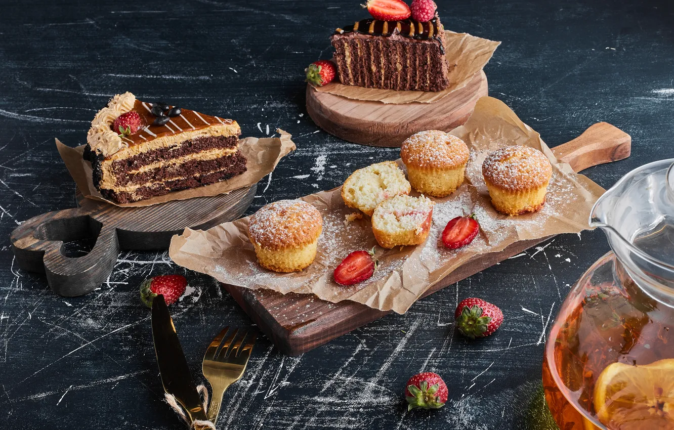 Photo wallpaper wooden, variety, pastries, boards