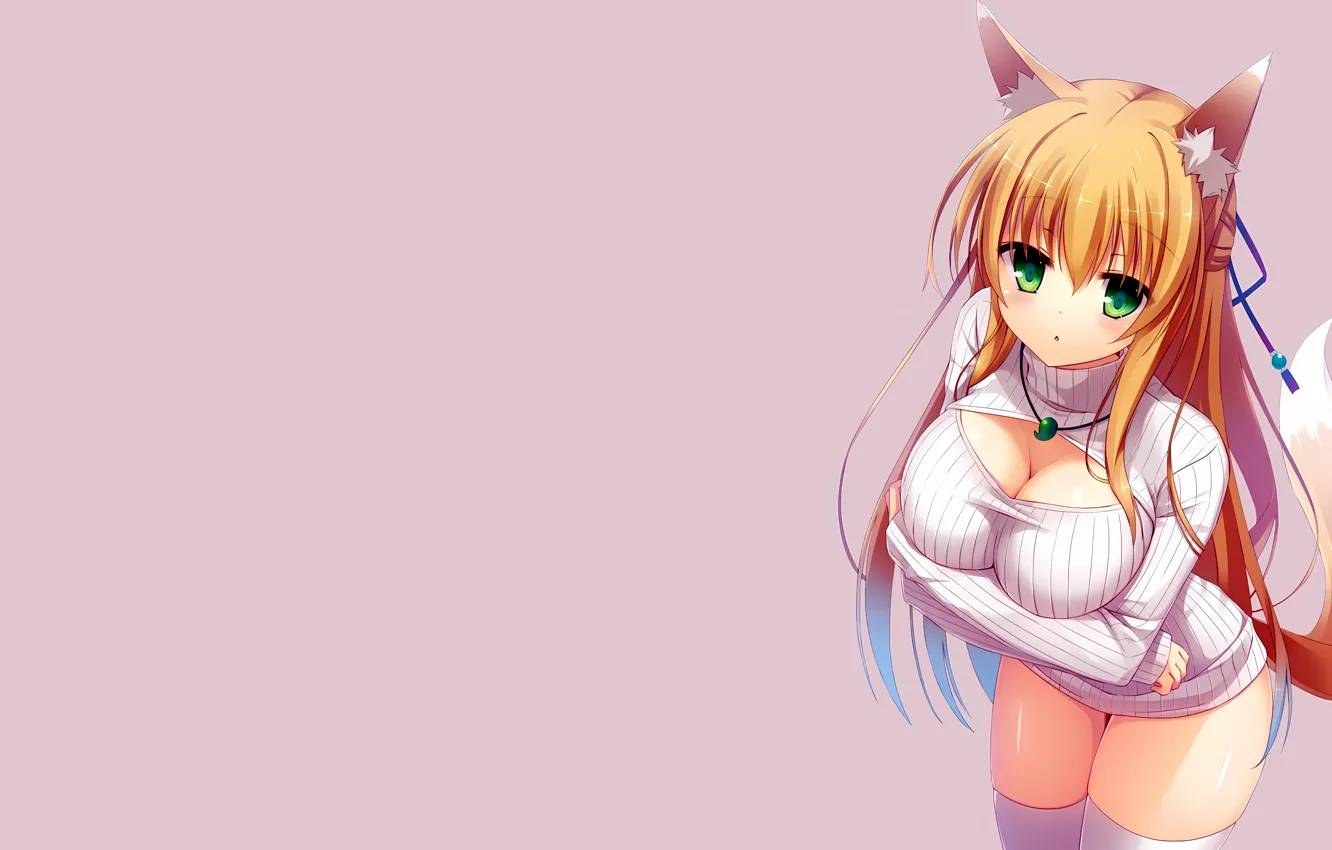 Photo wallpaper girl, sexy, cleavage, thighhighs, green eyes, long hair, dress, boobs