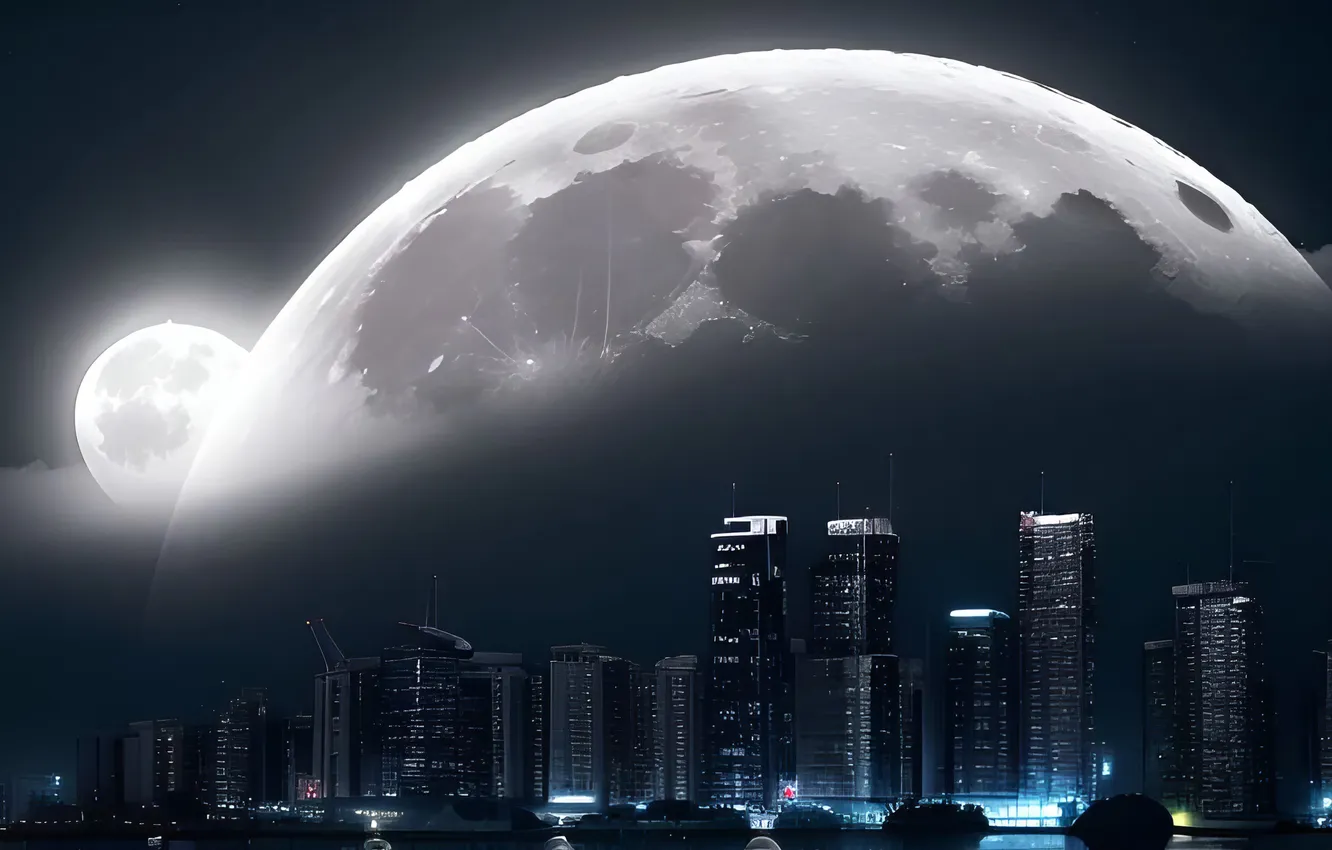 Photo wallpaper city, wallpaper, moon, night, art, houses, planet, Cities