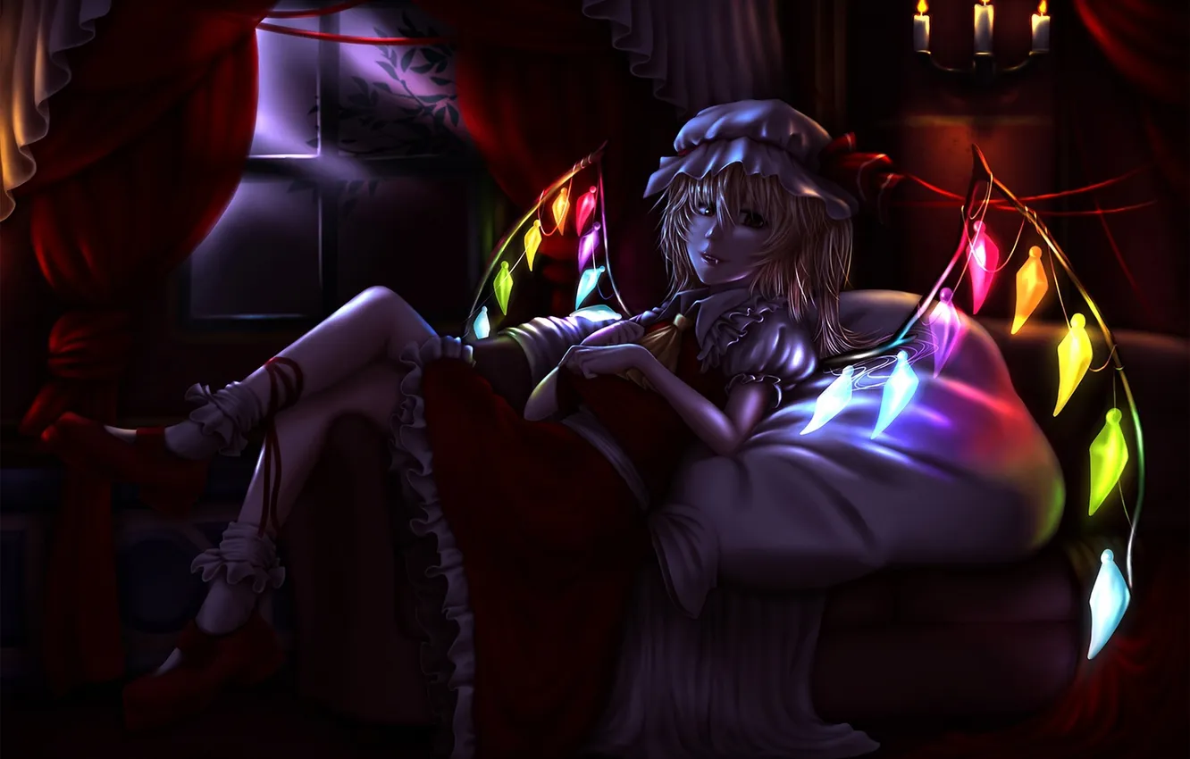 Photo wallpaper girl, night, wings, anime, art, crystals, cap, touhou
