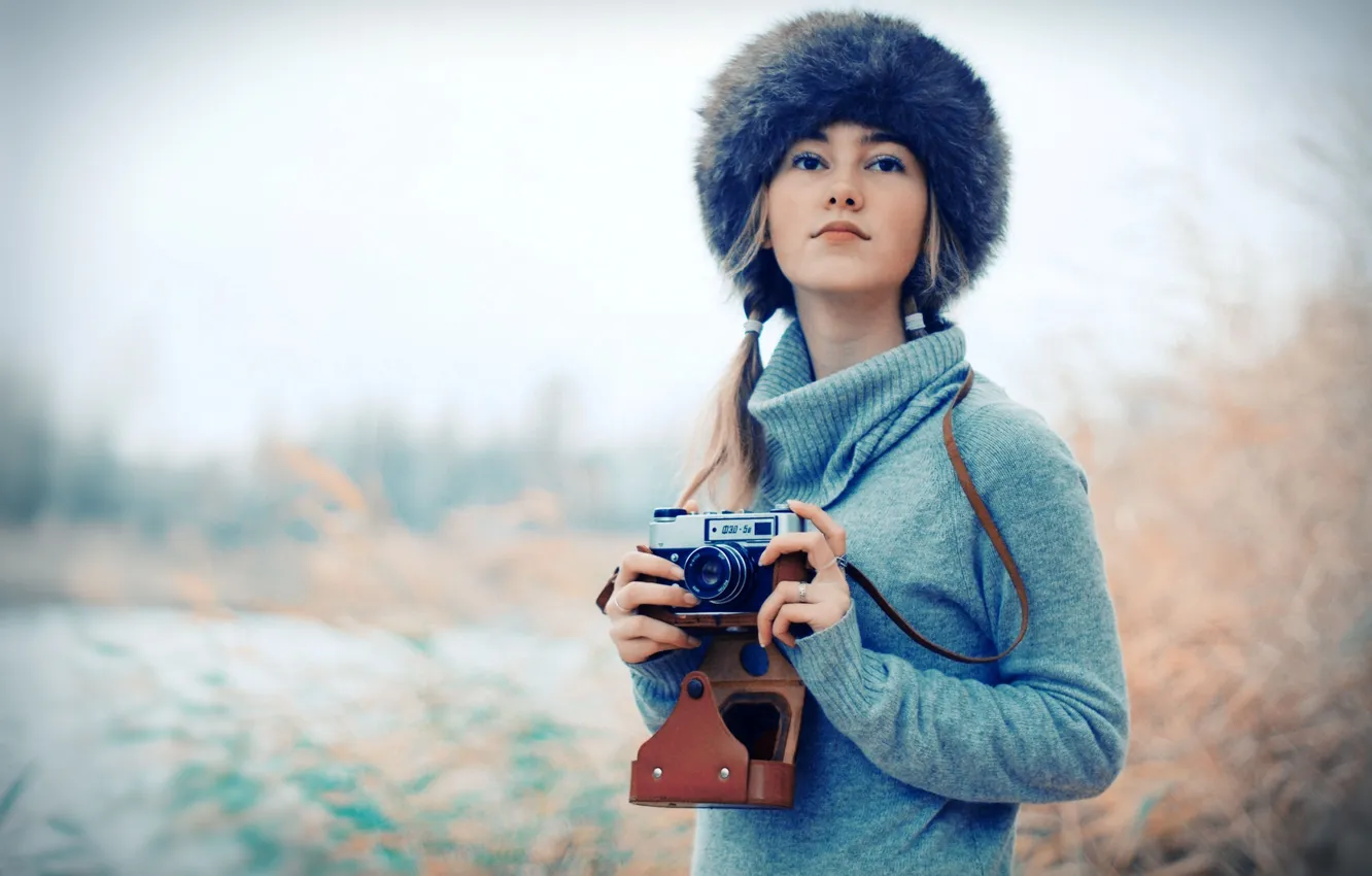 Photo wallpaper girl, hat, the camera, blonde