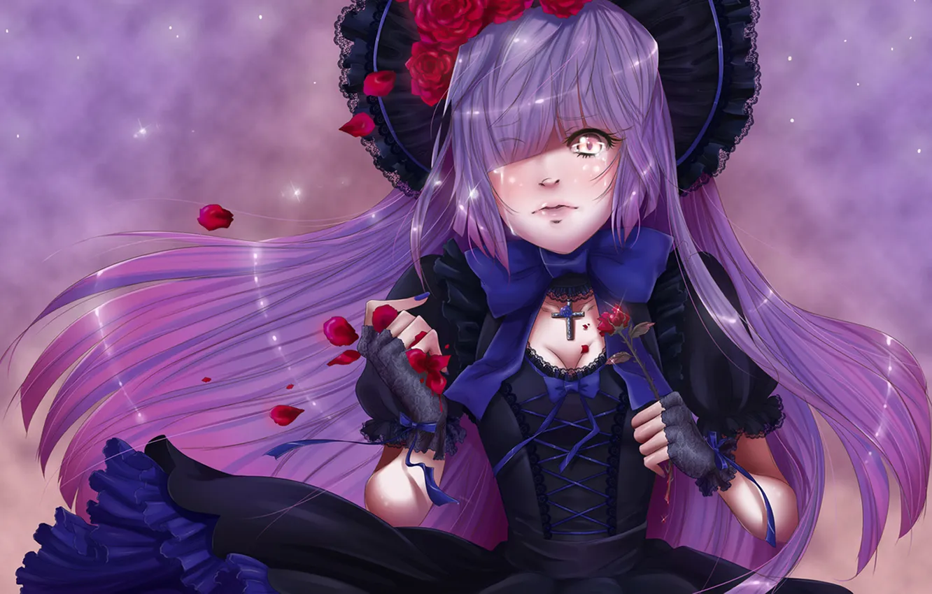 Photo wallpaper girl, roses, cross, hat, petals, bow