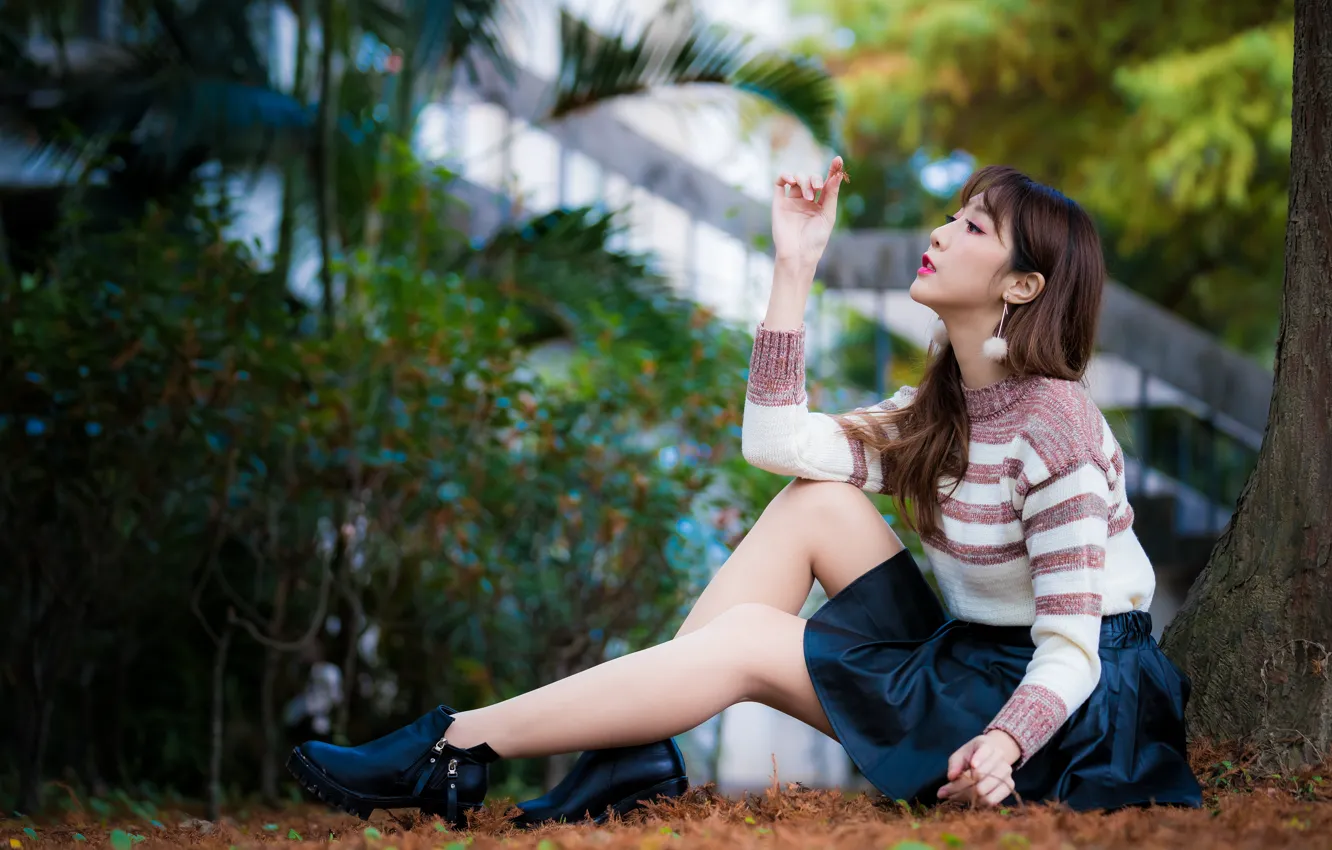 Photo wallpaper girl, skirt, legs, Asian, cutie, sweater, bokeh